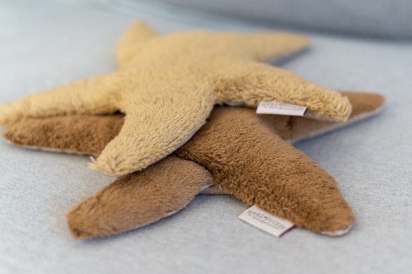 Värmedjur för barn, sjöstjärnan Lucky av ekologiskt teddytyg, med druvkärnorfyllning