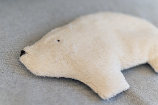 Värmedjur för barn, isbjörnen Bjarne av ekologisk teddytyg, med druvkärnorfyllning